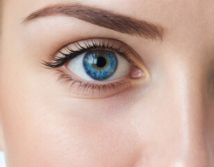 Obraz premium close up on woman's face with blue eye, advertising photography, minimalistic, isolated, plain white