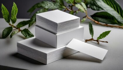 The minimalist design showcases professionalism and attention, business card stack white blank mockup.