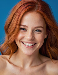 naked body of a girl with a wide smile with veins and red hair on a blue background, toned athletic body