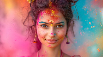 Obraz premium Holi Festival. Close-up portrait of a young woman's face, her skin adorned with vibrant colors of pink and yellow, during the joyous celebration of the Holi Festival.