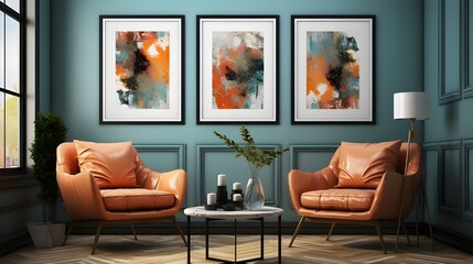 framed abstract prints hang high above two orange chairs in a modern room, in the style of digital mixed media, atmospheric color washes, rustic textures, light red and cyan, uhd image, watercolor was
