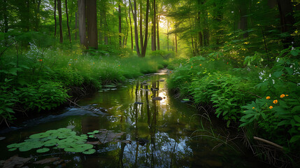 Uma cena serena se desdobra conforme a luz suave do sol se filtra pela exuberante folhagem verde de uma floresta tranquila