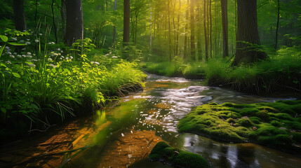 Uma cena serena se desdobra conforme a luz suave do sol se filtra pela exuberante folhagem verde de uma floresta tranquila