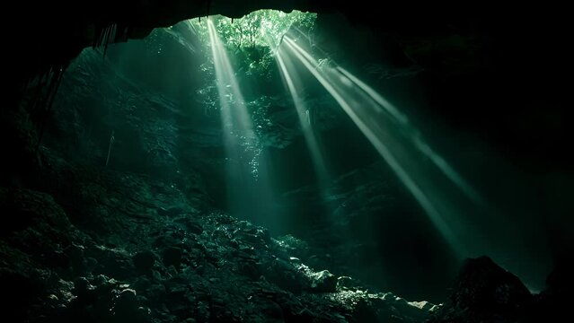 The only source of light in the cave comes from a small opening in the ceiling casting a sinister glow over the scene below.