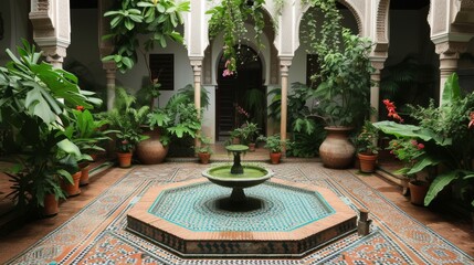 Fototapeta na wymiar central fountain with water gently cascading is surrounded by an array of potted plants