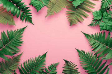 Fototapeta na wymiar Top view fern leaves frame on pink background, Minimal fashion summer holiday concept. Flat lay