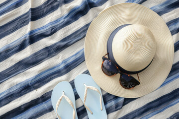 Top view fashion outfit with hat sunglasses and shorts on white background, Minimal fashion summer holiday concept. Flat lay
