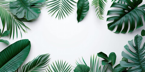Top view tropical green leaves frame border on white background, Flat lay Minimal fashion summer holiday vacation concept