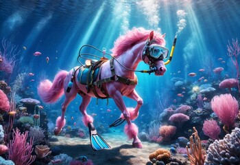 a horse with customized diving gear, exploring the vibrant underwater world - obrazy, fototapety, plakaty