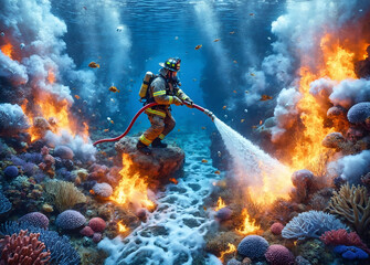a surreal scene of a firefighter working to extinguish a fire underwater