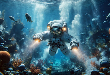 Naklejka na ściany i meble an astronaut exploring an underwater world
