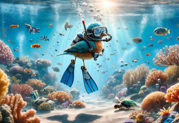 a bird wearing diving gear and flying under the water