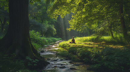 Um claro da floresta tranquila e iluminada pelo sol proporciona o cenário perfeito para uma série de imagens de autocuidado e bem-estar mental