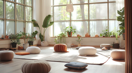 Um quarto sereno e ensolarado apresenta um ambiente tranquilo com tapetes de yoga e almofadas macias em tons pastéis espalhados pelo chão - obrazy, fototapety, plakaty