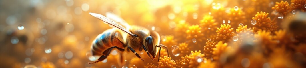 Happy Bees Collecting Honey on Clouds in a Sunlit Garden - obrazy, fototapety, plakaty