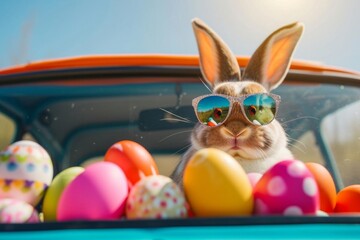 Adorable easter bunny wearing sunglasses Peeking out of a car filled with colorful easter eggs...