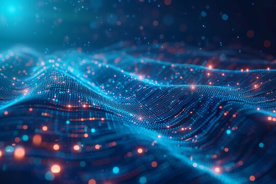 An abstract illustration of data flowing through a network of nodes Featuring a digital background with binary code and ai algorithms Representing the convergence of technology and innovation