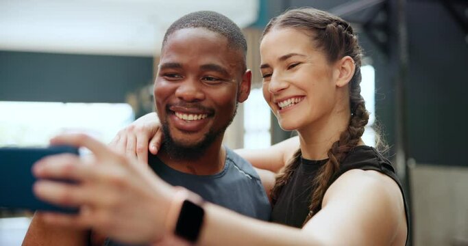 Fitness, face and selfie with couple of friends in gym together for health, workout or memory. Exercise, social media or profile picture with smile of influencer man and woman training for wellness
