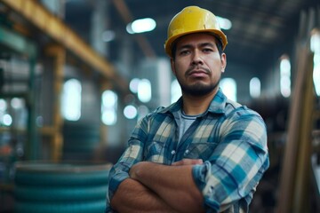Candid shot of a confident hispanic male factory worker with arms crossed Representing the strength and dedication of individuals in the industrial and construction sector