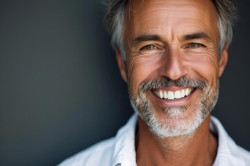 Closeup photo portrait of a handsome mature man with a beaming smile Showcasing clean teeth Ideal for dental advertisements or representing fresh Stylish grooming