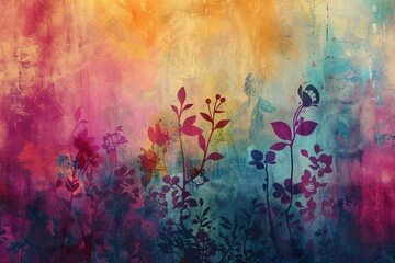 Grunge-style beautiful Colorful abstract art piece with a floral and plant motif Set against a watercolor background Perfect for vibrant and artistic expressions