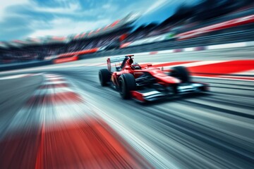 Racing car speeding on a track Capturing the high velocity and competitive spirit of motor sports With motion blur adding to the dynamic and thrilling atmosphere