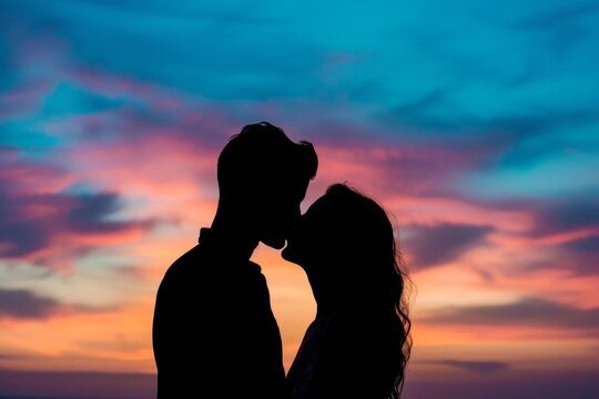 Silhouette of a romantic couple sharing a kiss against a backdrop of a colorful sunset Depicting love Intimacy And beautiful end-of-day scenery