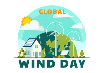 Global Wind Day Vector Illustration on June 15 with Earth Globe and Winds Turbines for Power and Energy Systems on Blue Sky in Flat Cartoon Background