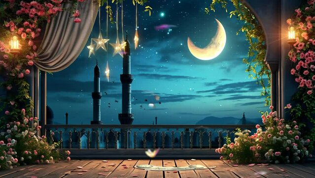 night scene of beautiful mosque with stars and moonlight, seamless looping 4k resolution, animated video background