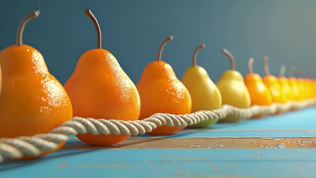 Pears vs. oranges in an intense tug of war match with the oranges fiercely rolling backwards in an attempt to win.