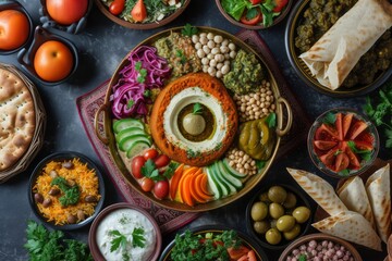 Obraz na płótnie Canvas central tray has intricate designs and contains various dips and appetizers including hummus topped with chickpeas