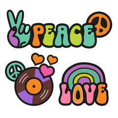 set of vector hippie icons.  Design for stickers, t-shirt print, patches, card