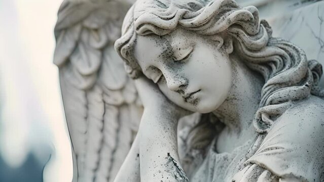 An angelic statue with a broken wing and a grieving expression resting her head on her hand as if lost in thought.