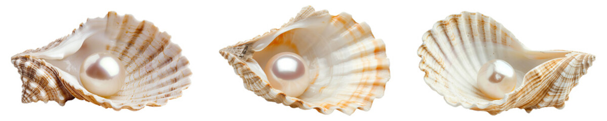 Set of pearl oysters isolated on transparent background - obrazy, fototapety, plakaty