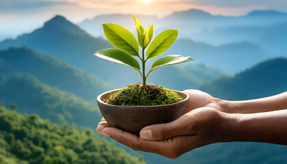 Vibrant Sapling Beautiful Green Seedling Growing on a Hand, Against the Backdrop of a Majestic Mountain View