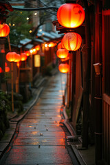 A Magical Evening Stroll Down A Dimly Lit Street Adorned With Glowing Lanterns
