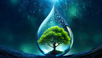 Nurtured Beauty Valuable Tree Growth in Water Droplet - Biotechnology Elixir - obrazy, fototapety, plakaty