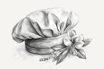 Engraving Chef Hat with flower. Professional cookery clothing sketch in retro style isolated on white - obrazy, fototapety, plakaty