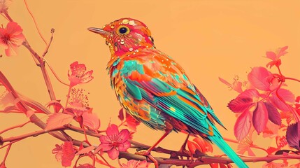 An image of colorful bird quilling on a branch, in the style of layered and complex compositions