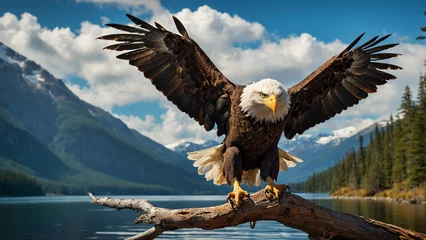 Poster Majestic descent of a bald eagle as it gracefully lands on a sturdy branch overlooking a pristine mountain lake and the intensity of the moment and the keen focus in its piercing eyes © mdaktaruzzaman