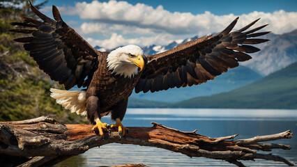 Majestic descent of a bald eagle as it gracefully lands on a sturdy branch overlooking a pristine mountain lake and the intensity of the moment and the keen focus in its piercing eyes