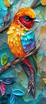 An image of colorful bird quilling on a branch, in the style of layered and complex compositions