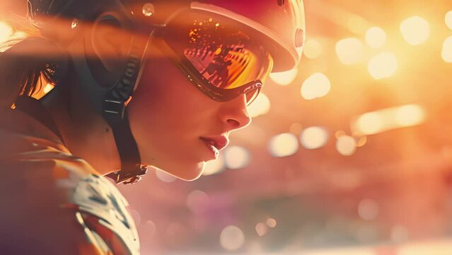A dramatic side view of a roller derby player, her helmets visor reflecting the lights of the arena as she glides past her opponents.