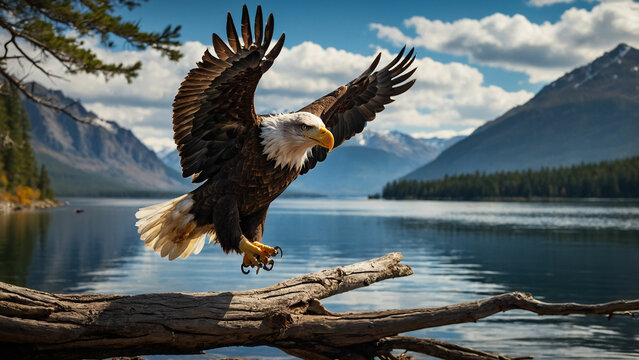 Majestic descent of a bald eagle as it gracefully lands on a sturdy branch overlooking a pristine mountain lake and the intensity of the moment and the keen focus in its piercing eyes