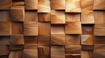 “A Textured Wooden Mosaic Wall in Warm Hues, Ideal for Contemporary Interior Design and Architecture Visualizations.”