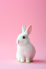 Cute white rabbit on pastel background with copy space for text