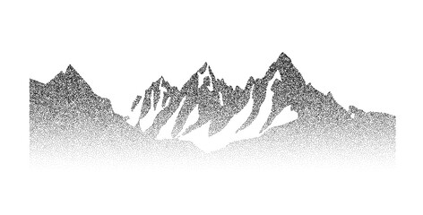 Grain stippled mountain range illustration. Dotted landscape terrain silhouette. Black white grainy hill chain. Grunge noise mount peak background. Pointillism texture wallpaper. Dot work style vector