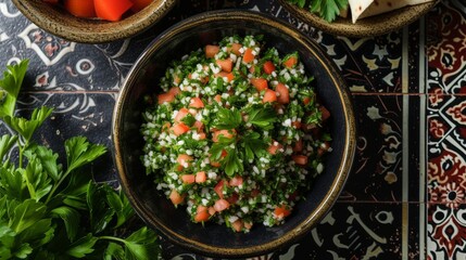 bowl of tabbouleh salad placed on a beautifully patterned tile surface