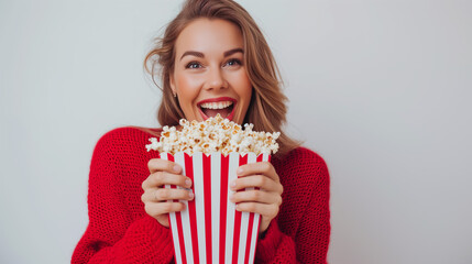 Cheerful young woman in red sweater enjoying popcorn from cinema box