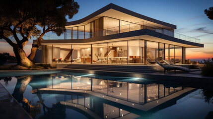 Obraz na płótnie Canvas Evening outdoor view of a luxury home